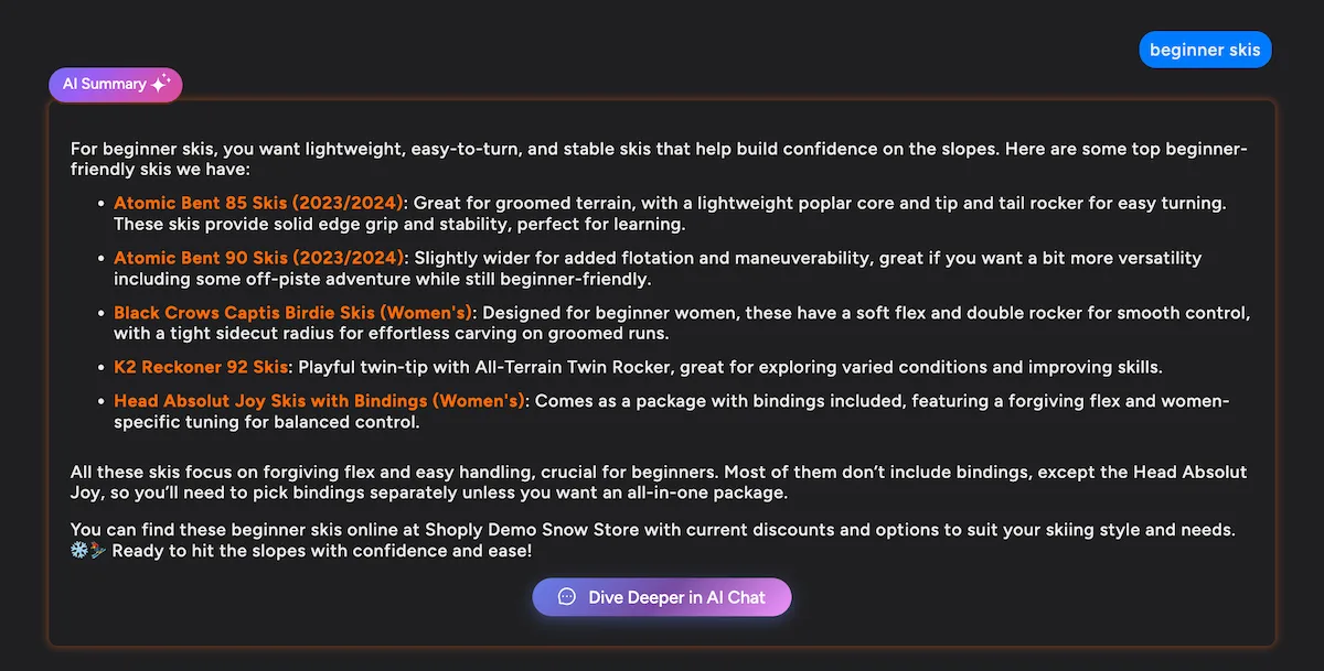 AI Summary with Dive Deeper in AI Chat button