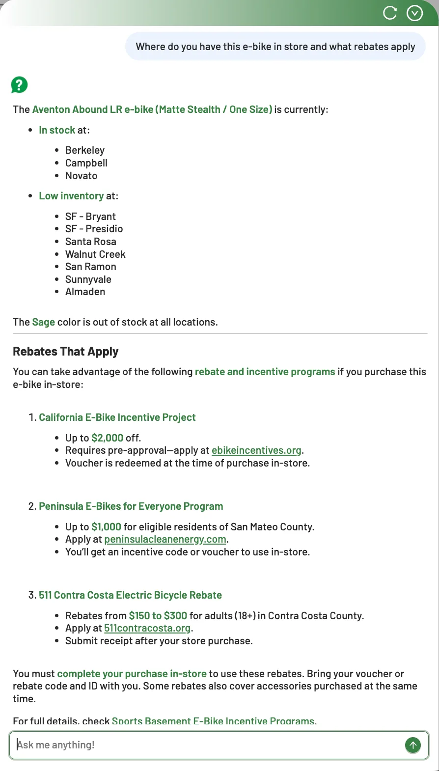 Example for finding in store inventory and rebate information