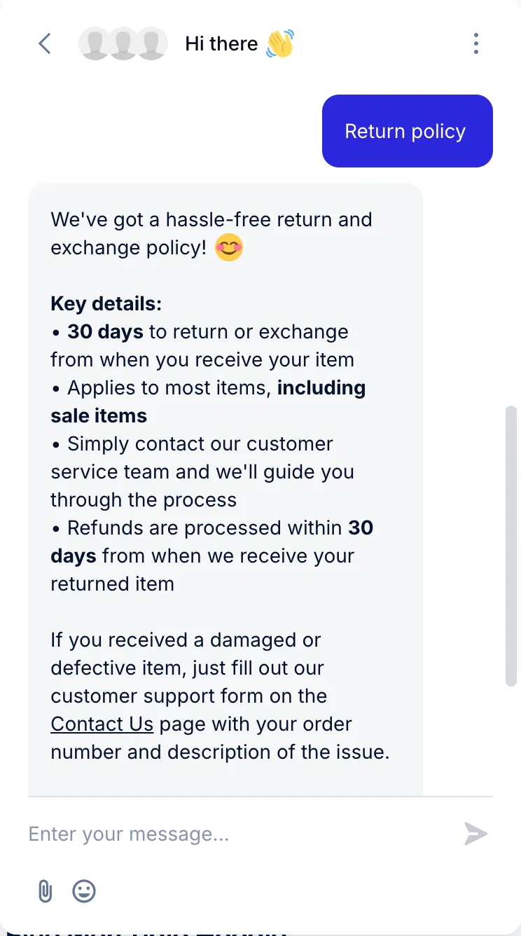 Example for finding return policy through Tidio